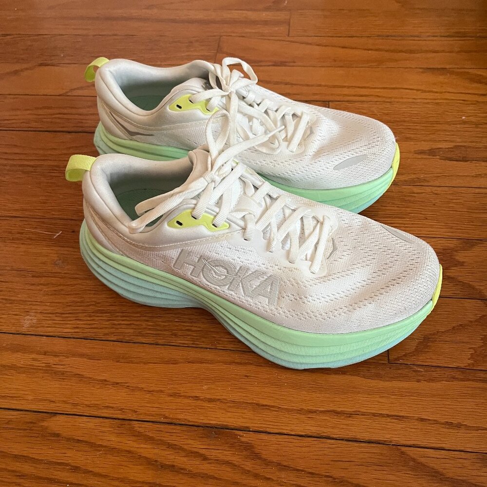 Hoka One One Bondi Athletic Running Shoes, White/Sunlit Ocean, size 8D